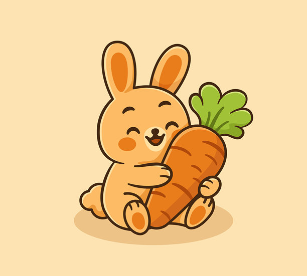 可爱卡通兔子开心地抱着一根带绿叶的大胡萝卜。日系可爱风格扁平矢量插画。图片下载