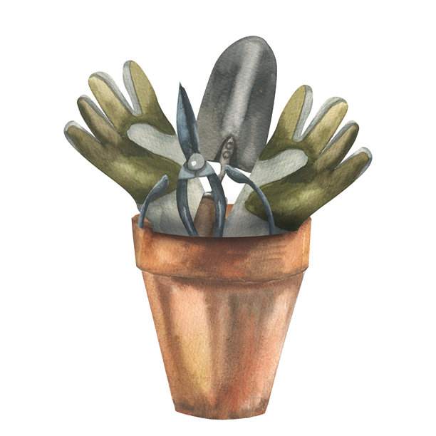 陶罐配花园剪刀、铲子和园艺手套水彩插画。手绘园艺工具剪贴画，乡村田园风格的设备绘画，用于爱好杂志设计、标签和包装。图片下载