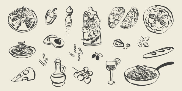 意大利美食的异想天开的粉笔涂鸦。蜡笔风格的早餐和晚餐的古怪图标。菜单和邀请函的蜡笔画。甜蜜的生活意大利矢量插画图片下载