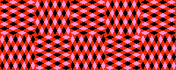 无缝拼接图案，包含红色、粉色、黑色菱形色块。有趣的矢量纹理，适用于服装、派对、大胆的复古装饰。拖动到色板面板以使用。图片下载