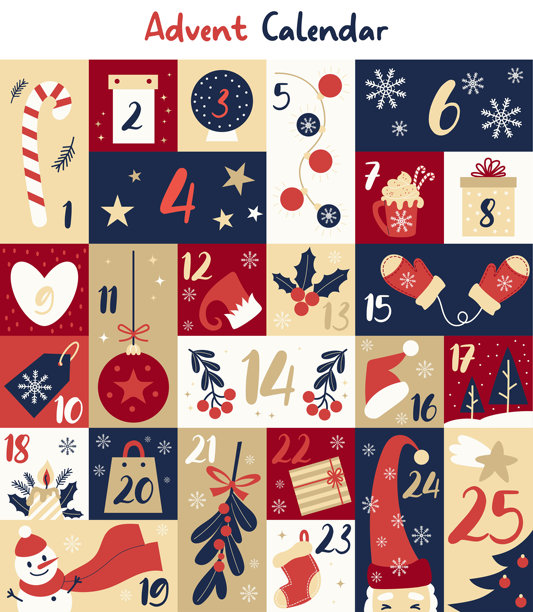 节日圣诞数字倒计时日历图标。圣诞节倒计时模板。新年传统拐杖糖、雪人、购物、价签、礼物、手套和圣诞帽。矢量插画，非AI生成图片下载