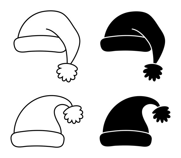 带轮廓和剪影印章的卡通圣诞帽素材插画，透明背景图片下载