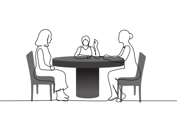 一群女性坐在一张空桌旁——单线条插画矢量图。概念是朋友们在咖啡馆或餐厅等餐，女性在交谈。图片下载