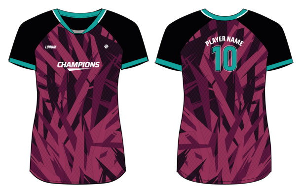 女式运动球衣T恤设计平铺草图插画，几何图案V领T恤，适用于女孩和女士排球、足球、羽毛球、足球和无挡板篮球运动服套装。图片下载