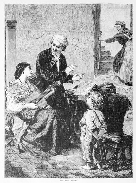 19世纪，女子弹奏吉他，音乐老师授课——插画图片下载