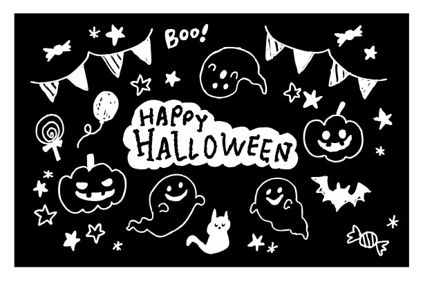 黑白线条风格的万圣节插画集，包含鬼魂、南瓜、黑猫、蝙蝠、糖果和花环，背景为黑色。图片下载