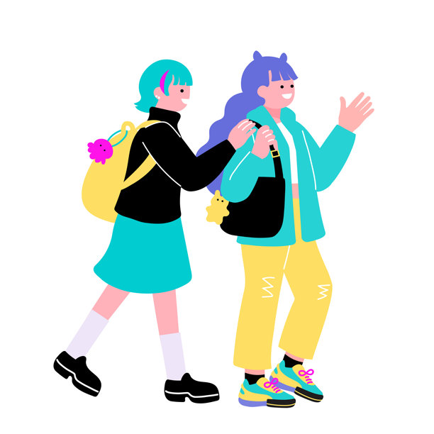 两名女性正在行走，她们是Z世代的年轻女性，流行且色彩丰富的插画图片下载