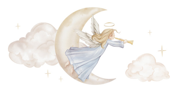 圣诞节构图，描绘了月亮上的天使，他们有着浅色的头发和光环，并吹奏着小号。这是一幅水彩插画，描绘了基督教降生场景中的天使，带有翅膀、星星和云彩，适合用于宗教洗礼邀请函。图片下载
