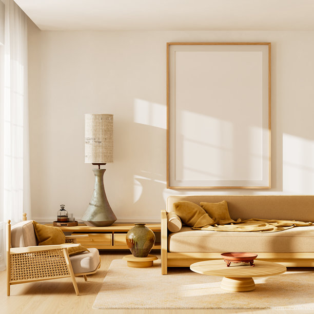 斯堪的纳维亚极简客厅内部，带有样机海报框和复古装饰。3D插画图片下载