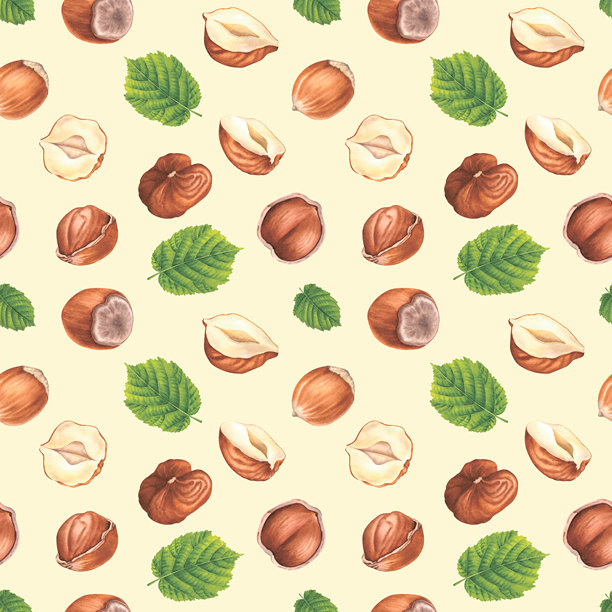 榛子和绿叶的无缝图案。手绘水彩插画，以米色背景为底，描绘森林坚果。用于食品包装、餐厅菜单或厨房壁纸的欧李插画。图片下载
