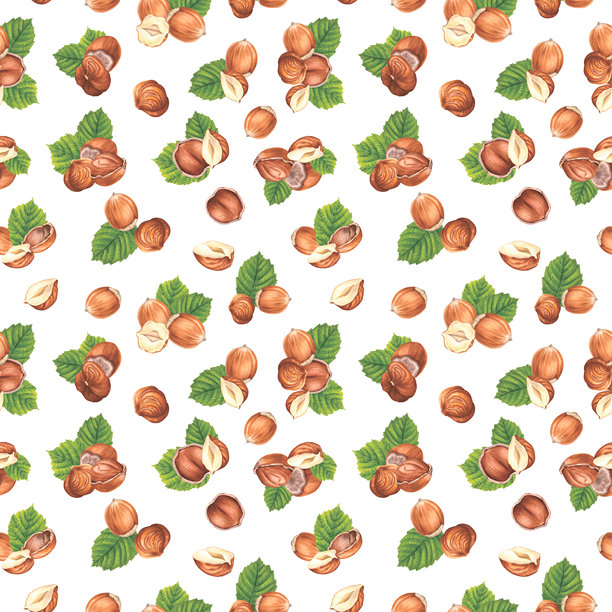 榛子和绿叶的无缝图案。手绘水彩插画，描绘了白色背景上的森林坚果。用于食品包装、餐厅菜单或厨房壁纸的欧榛图。图片下载