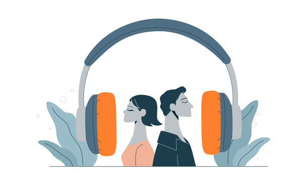 戴着耳机一起听音乐和播客。扁平化矢量插画。图片下载