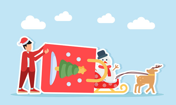 圣诞老人装扮的男子从圣诞树主题的纸袋中取出驯鹿雪橇和雪人，插画，圣诞庆祝图片下载