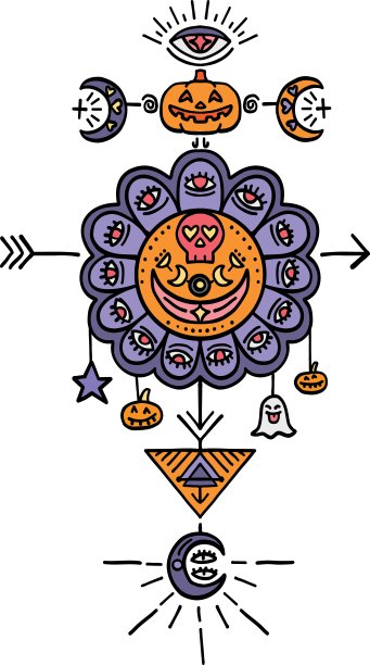 万圣节庆典。多彩的万圣节主题曼陀罗，包含各种怪诞符号。复古潮流的迷幻万圣节插画，采用涂鸦蜡笔色线条风格。图片下载