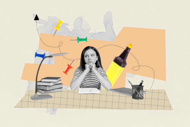 创意3D照片拼贴趋势艺术作品模板，描绘了一个学龄小女孩坐在书桌前，旁边有课本、书签和台灯，背景是学校教室的课程。图片下载