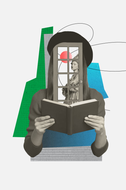 复古风格的年轻女子三维照片拼贴趋势模板草图设计，她手持书籍阅读，想象着数数，摆出姿势。图片下载