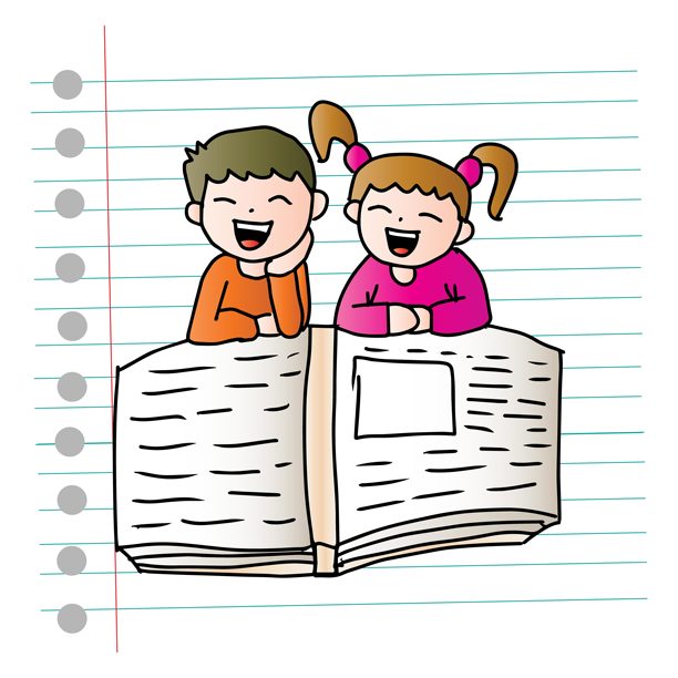 白底上，孩子们正在阅读书籍，旁边还有便签纸的插画图片下载