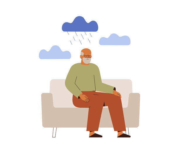 忧郁的老年男子坐在雨云下。悲伤的老年男性患有失眠和焦虑症。心理健康矢量插画图片下载