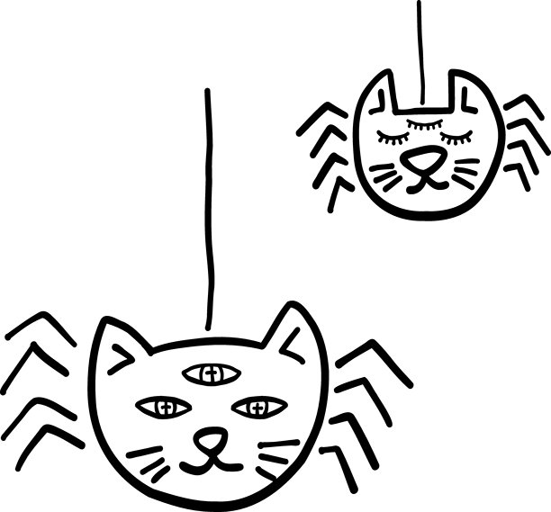 万圣节庆典。两只异想天开的猫蛛混合体悬挂着。复古潮流的涂鸦线条风格万圣节插画图片下载