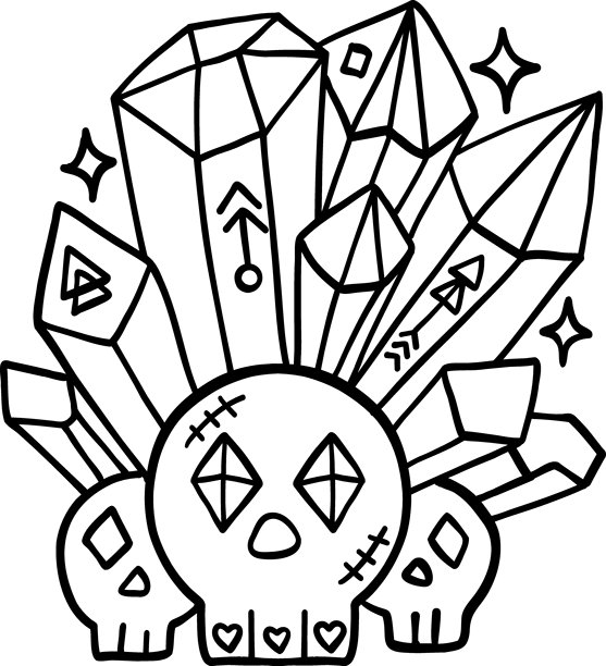 万圣节节日。水晶骷髅，创意设计。复古潮流涂鸦线条风格插画。图片下载