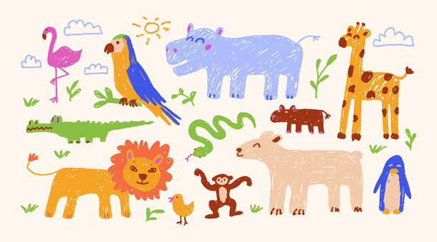 儿童蜡笔涂鸦风格的动物园动物矢量插画，适用于儿童设计图片下载