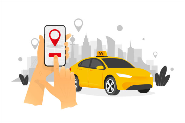出租车服务。在城市街道上使用手机应用程序叫出租车。位置标记。矢量插画。图片下载