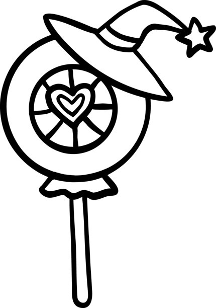 万圣节插画，女巫帽设计的魔法棒棒糖，涂鸦线条风格图片下载