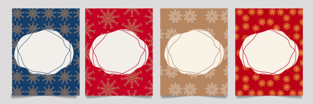 一套优雅的冬季贺卡，深蓝色、红色、棕色和酒红色背景上饰有精致的金色雪花图案，中心留有空白区域用于自定义文本。图片下载