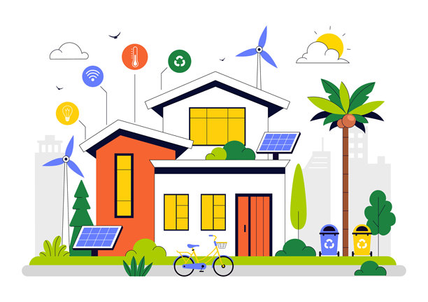 环保智能家居设备矢量插画，展示通过智能手机控制的家居自动化，以及集成的电子系统图片下载