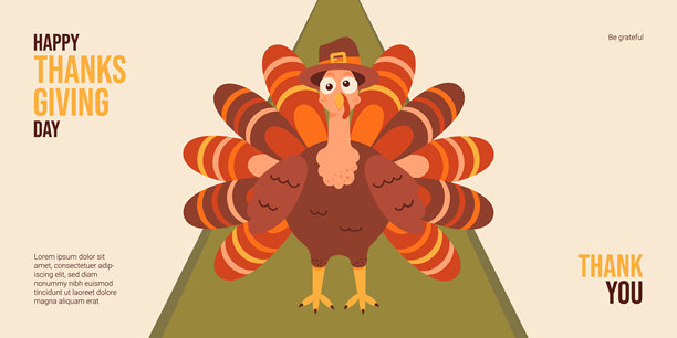 感恩节主题横幅模板，附有复制空间。可爱的火鸡和排版，适用于节日海报封面背景网页，采用扁平化风格。矢量插画。图片下载
