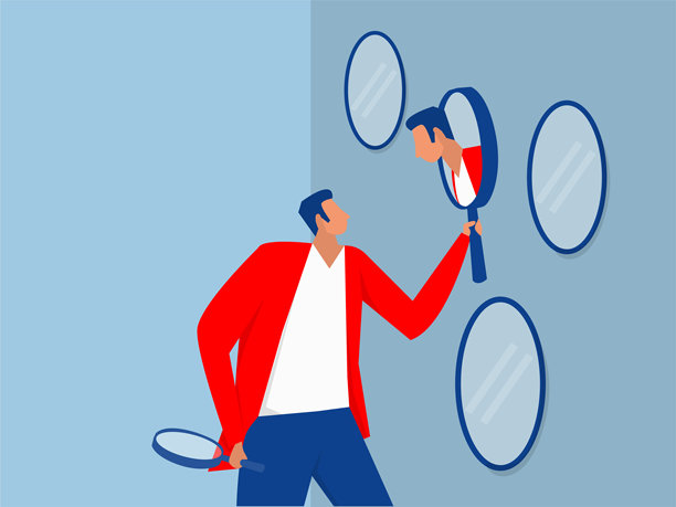 商人从镜子中发现自己，思考着自我意识。一个人在镜子中看见自己。自我意识的挑战插画图片下载