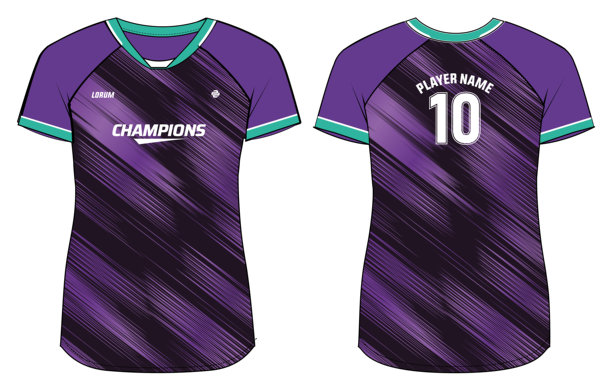 女士运动球衣T恤设计平面草图插画，女士排球、足球、羽毛球、足球和无挡板篮球运动服套装的抽象渐变条纹图案V领T恤图片下载