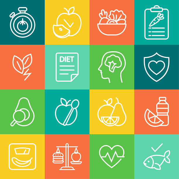 五彩斑斓的扁平化插画，描绘了各种健康与养生图标，包括水果、蔬菜和健身元素，象征着均衡的生活方式和营养意识。图片下载