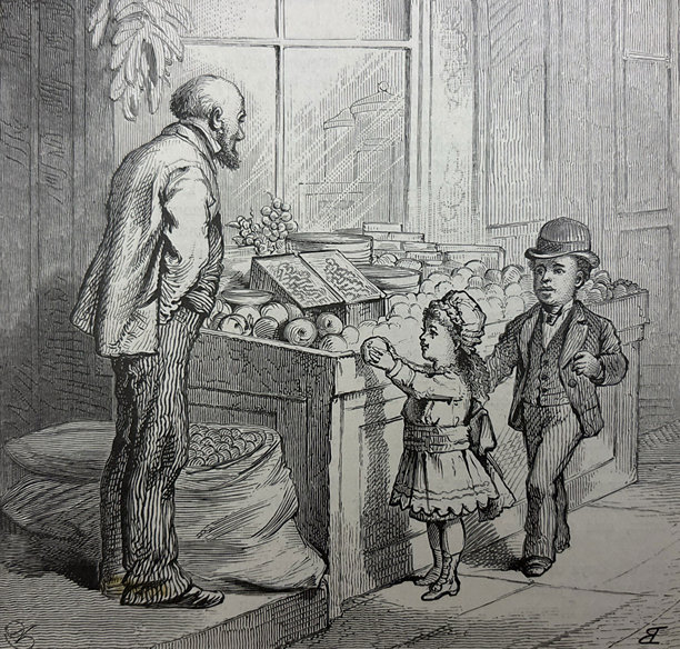 古董插画 - 商人站在水果摊前，看着孩子们挑选水果图片下载
