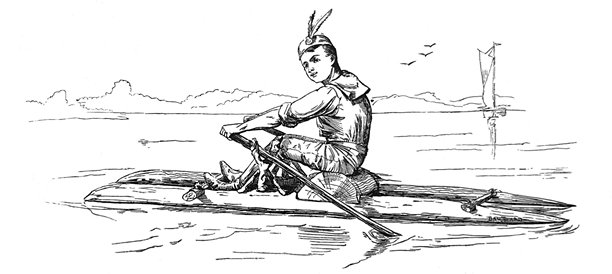 老式插画 - 年轻男子在平静的水面上划着自制双体船图片下载