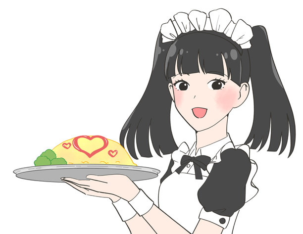 女仆咖啡厅的服务员递上蛋包饭的插画图片下载