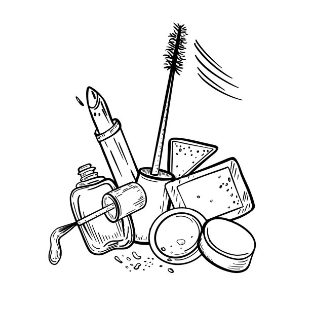 化妆品矢量插画，黑白风格。手绘风格的睫毛膏、腮红、眼影、指甲油和口红线条艺术。极简美妆图，适用于化妆品品牌和沙龙包装设计。图片下载