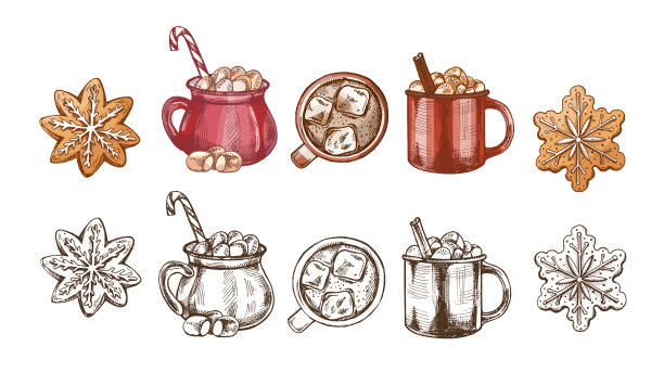 手绘复古节日可可杯、棉花糖和姜饼饼干的插画集，包含彩色和单色版本图片下载
