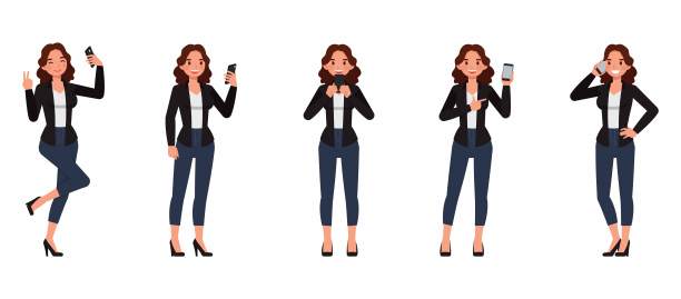 身穿黑衬衫、棕色长卷发的职业女性矢量插画设计集。女性使用手机交谈、玩耍和观看。图片下载