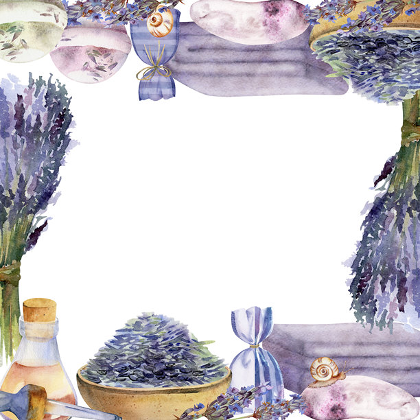 植物美容用品：薰衣草油籽束、天然香皂、水疗浴巾和香包。手绘水彩风格的隔离边框插画。芳香疗法、手工化妆品标签图片下载