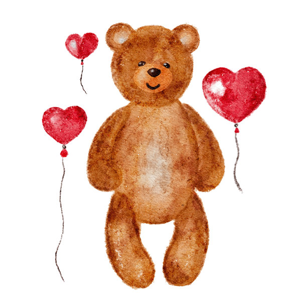 棕色泰迪熊与红色心形气球插画，白色背景，矢量图图片下载