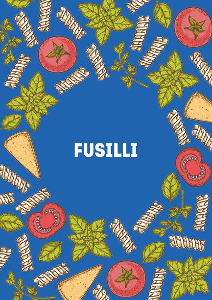 意大利传统面食，螺旋面构图，意大利美食，主食，手绘矢量插画，包装和菜单背景，俯视，非AI生成图片下载