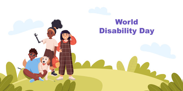 世界残疾人日。多元化的残疾儿童，失明男孩与导盲犬，听障问题，假肢手，背景横幅，着陆页，卡通扁平化矢量插画。包容性概念。图片下载