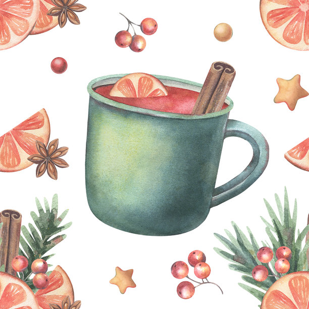圣诞节图案，包含热红酒、橙子片、浆果、星星。手绘水彩插画，孤立在白色背景上，可用于纺织品、包装、包装纸、节日装饰品的印花，图片下载