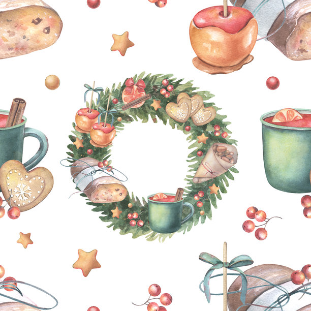 圣诞美食无缝图案：花环、热红酒、史多伦、焦糖苹果。手绘水彩插画，孤立在白色背景上，用于纺织品、包装、节日装饰印刷。图片下载