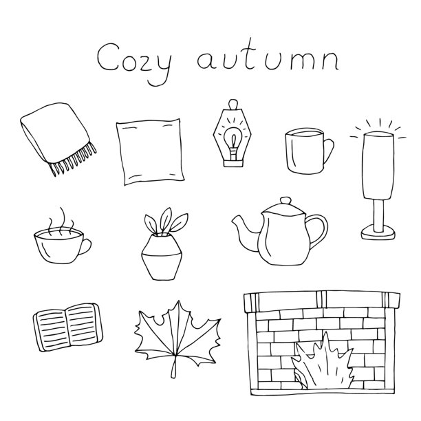 舒适的居家秋日元素套装，手绘，矢量插画图片下载