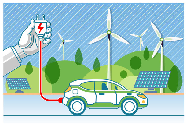 自然中的电动汽车充电站，扁平化设计轮廓插画图片下载