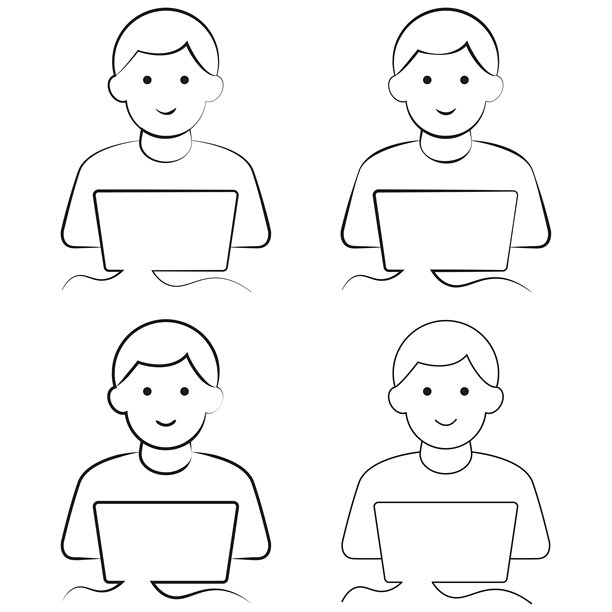 插画，四位不同肤色的男性角色，使用笔记本电脑工作，表情和姿势各异，体现了现代科技和远程工作的概念。图片下载