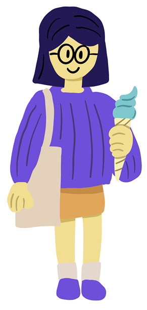 卡通风格，手绘插画，一个小女孩正在开心地享用冰淇淋。非常适合夏季、甜点和欢乐儿童主题设计。图片下载