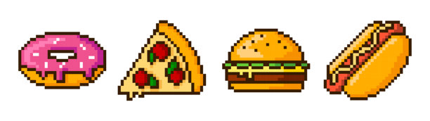 像素艺术快餐图标。甜甜圈、披萨、汉堡、热狗的像素化矢量图。复古8位像素艺术游戏素材。图片下载